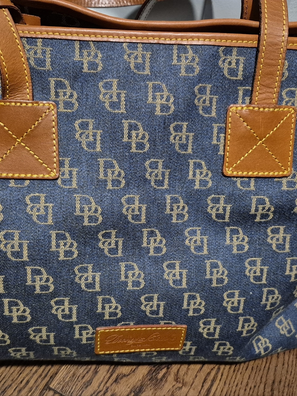 Dooney & Bourke Blue Denim Logo Tote with Tan Leather Trim - Picture 2 of 4
